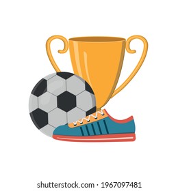 Sports shoes sneakers on the background of a soccer ball and a gold cup, awards for winning competitions