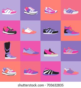 Sports shoes vector set. Fashion sportwear, everyday sneaker, footwear clothing illustration. Women's collection in trendy colors