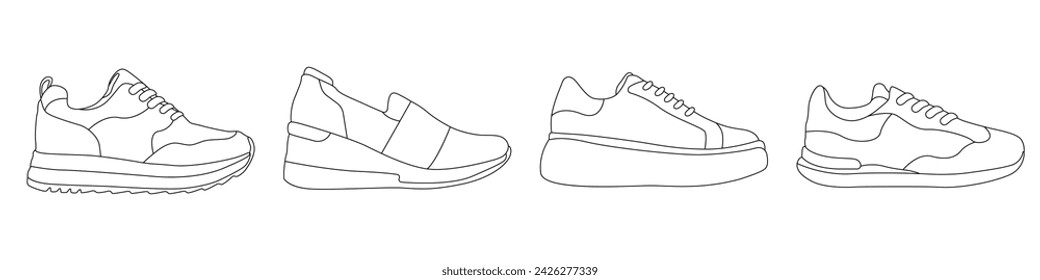 Sports shoes vector set. Youth sneakers in a linear style. Trendy sneakers line symbol. Trendy sneakers. Vector illustration.