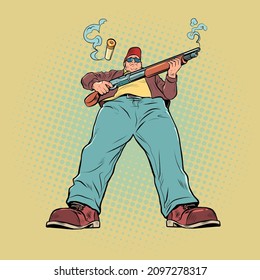 Disparos deportivos desde una pistola o un cazador. El arma fuma después del disparo, el cartucho se desvanece. Vector retro de arte pop Ilustración kitsch vintage estilo de los años 60
