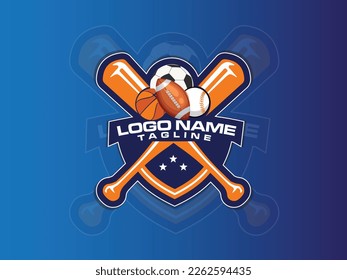 Sports shop logo design. Sports equipment. Football.Sports. circle. Game. store. Baseball. Basketball logo. Premium vector art and illustration