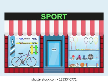 Sports shop. Shop window, range of products such as bicycles, skis, barbells, dumbbells, skateboards, rackets, balls, Darts and others.