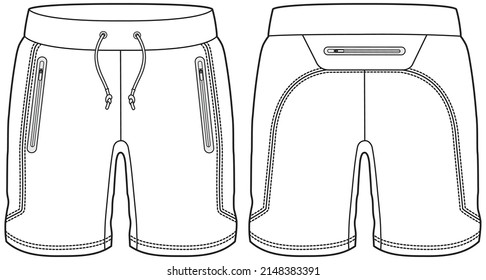 Ilustración de moda técnica de cortos deportivos. ropa plana significa pantalones cortos en marcha. Burla de CAD.