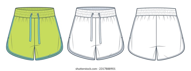 Sports Shorts technical fashion illustration. Pajama Shorts fashion flat technical drawing template, elastic waist, side slit, front and back view, white, yellow, women, men, unisex CAD mockup set.