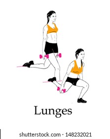 Sports silhouettes. Workout, girl in black shorts and a orange shirt doing lunges