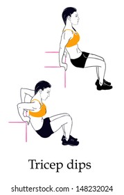 Sports silhouettes. Workout, girl in black shorts and a orange shirt doing tricep dips