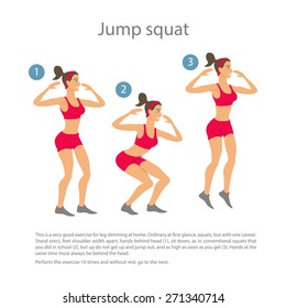 Sports Silhouettes. Workout, Girl In Red Shorts And A Red Shirt Doing Jump Squats
Vector Yoga Illustration. Exercises. Women  Class, Center Studio. Poster. Sketch Asana. Girl Healthy Lifestyle.