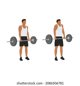 Sports silhouettes. Workout, man in shorts doing sport. shoulder Shrugs with weight. barbell holding