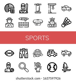 sports simple icons set. Contains such icons as Football helmet, Ranger, Baseball, Surf, Abdominal bench, Belt pouch, Punching ball, Surfing, can be used for web, mobile and logo