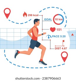 Sports smart watch on a runner's hand. Watch with heart rate and race track location data. Runner sprinter guy at training. Fitness tracker with activity indicator. Vector illustration flat design.