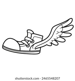 Sports sneaker with wings outlined on white background. Image produced without the use of any form of AI software at any stage