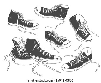 Sports sneakers, gym shoes, canvas trainers. Set of isolated vector illustrations from different foreshortening and sides. 