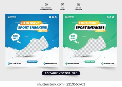 Vector de plantilla de venta de deportistas para publicidad en línea. Exclusiva venta de zapatos diseño de publicaciones en medios sociales con colores azul y verde. Vector de banner web promocional de zapatos deportivos para empresas.