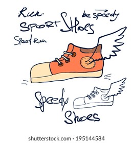 sports sneakers with wing, doodle style color vector illustration 