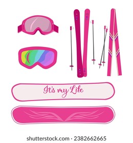 sports, snowboarding, glasses, skiing. snowy slope, fast descent. pink snowboard, pink skis, pink glasses. can be used for postcards, posters and posters