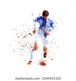 Sports, soccer player running with ball, low polygonal isolated vector illustration. Footballer