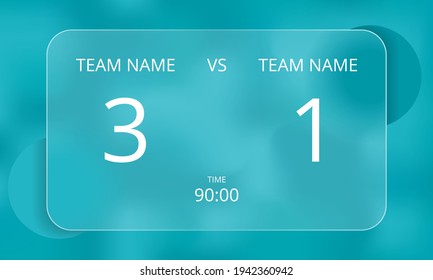 Sports soccer scoreboard with score and team name for euro 2020. Glassmorphism style, clear frosted glass. Template. Mockup. Blue abstract background 2021. Vector