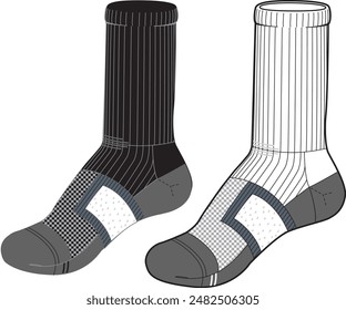 Sports socks tech pack template flat sketch fashion illustration mock up cad drawing for unisex men's and women's football sock design. Mid calf length socks drawing.