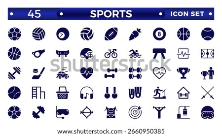 Sports solid icon set. Containing football, basketball, trophy, competition, medal, gym, volleyball, and more. 
