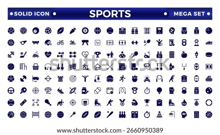Sports solid icon set. Containing football, basketball, trophy, competition, medal, gym, volleyball, and more. 
