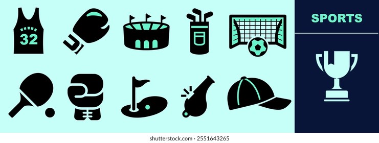 Sports SOLID icon set for logo and digital work. Rugby, ping pong, boxing, golf clubs, whistle, cap, baseball cap, football, goalkeeper, stadium, kick boxing. Editable elements, size and color.