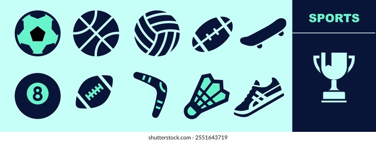 Sports SOLID icon set for logo and digital work. Rugby, football, basketball, american football, skateboard, boomerang, sneakers. Editable elements, size and color.