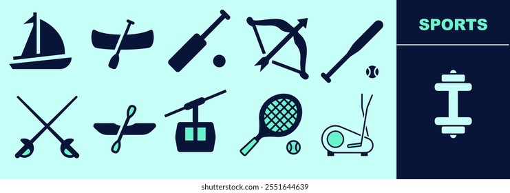 Sports SOLID icon set for logo and digital work. Boat, canoe, archery, baseball bat, sword, tennis, cricket. Editable elements, size and color.
