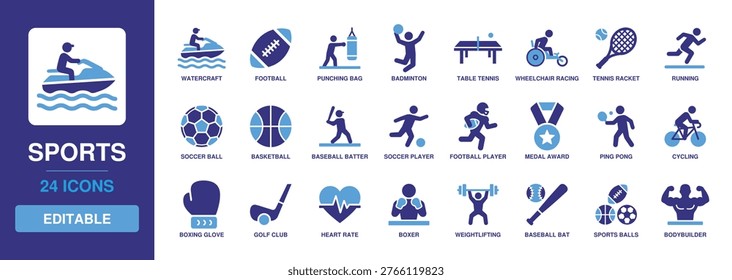 Sports Solid Vector Glyph Icon Set including watercraft, football, punching bag, badminton, table tennis, wheelchair racing, tennis racket, and running for fitness and athlete themes.