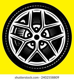 Sports spoked wheel with rubber tyres. Template for design. Monochrome illustration with yellow background.