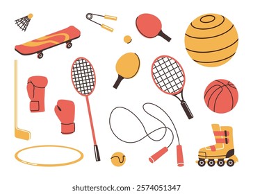 Sports and sportive games activities equipment. Vector isolated fitness and basketball ball, skateboard and racket for tennis. Badminton and hoop, jumping rope and roller skating shoes set