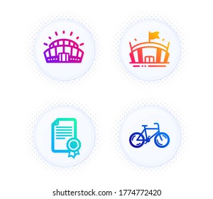 Sports stadium, Arena and Certificate icons simple set. Button with halftone dots. Bicycle sign. Championship arena, Sport stadium, Diploma. Bike. Sports set. Gradient flat sports stadium icon. Vector