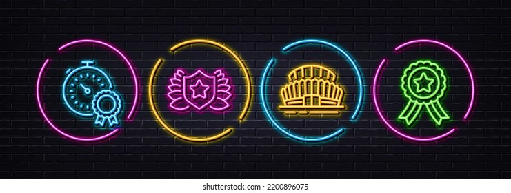 Sports stadium, Best result and Laureate minimal line icons. Neon laser 3d lights. Winner ribbon icons. For web, application, printing. Championship arena, Timer award, Award shield. Vector