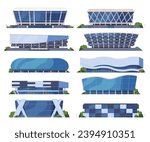 Sports stadium facade. A building for sports competitions with a large number of spectators. Large city buildings for people entertainment. Vector illustration