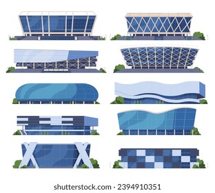 Sports stadium facade. A building for sports competitions with a large number of spectators. Large city buildings for people entertainment. Vector illustration