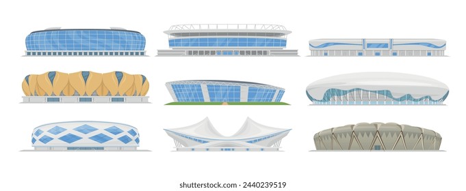 Sports stadium facade modern city arena exterior set isometric vector illustration. Contemporary architecture for sportive championship tournament international league cup match playing construction