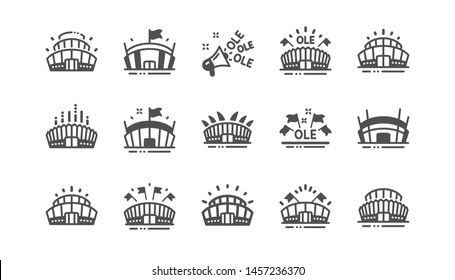 Sports stadium icons. Ole chant, arena football, championship architecture. Arena stadium, sports competition, event flag icons. Sport complex Classic set. Quality set. Vector