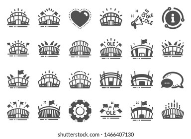 Sports stadium icons. Ole chant, arena football, championship architecture. Arena stadium, sports competition, event flag icons. Sport complex, megaphone or loudspeaker. Quality set. Vector