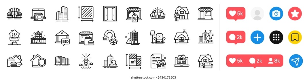 Sports stadium, Lighthouse and Skyscraper buildings line icons pack. Social media icons. Open door, Square area, Market sale web icon. Night city, Lease contract, Floor plan pictogram. Vector