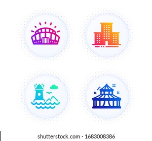 Sports stadium, Lighthouse and University campus icons simple set. Button with halftone dots. Circus sign. Championship arena, Navigation beacon, Town building. Attraction park. Buildings set. Vector
