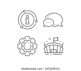 Sports stadium line icon. Chat bubble, info sign elements. Arena with flag sign. Sport complex symbol. Linear arena outline icon. Information bubble. Vector