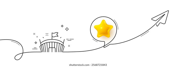 Sports stadium line icon. Continuous line with share plane. Arena with flag sign. Sport complex symbol. 3d star in speech bubble. Arena single line ribbon. Loop curve pattern. Vector