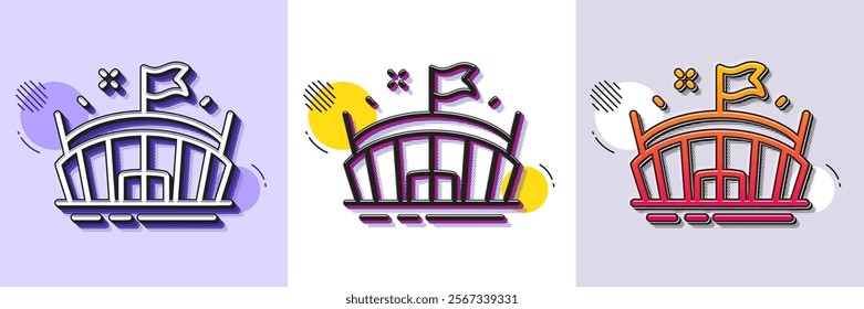 Sports stadium line icon. Halftone dotted pattern. Gradient icon with grain shadow. Arena with flag sign. Sport complex symbol. Line arena icon. Various designs. Vector