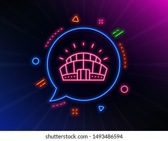 Sports stadium line icon. Neon laser lights. Arena sign. Sport complex symbol. Glow laser speech bubble. Neon lights chat bubble. Banner badge with sports stadium icon. Vector