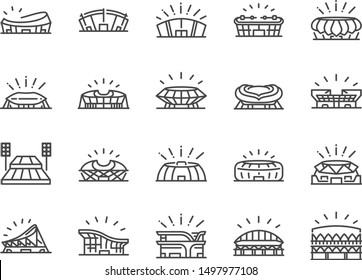 Sports stadium line icon set. Included icons as football arena, colosseum, competition stadium and more.
