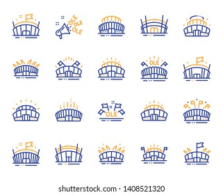 Sports stadium line icons. Ole chant, arena football, championship architecture. Arena stadium, sports competition, event flag icons. Sport complex, megaphone or loudspeaker. Vector