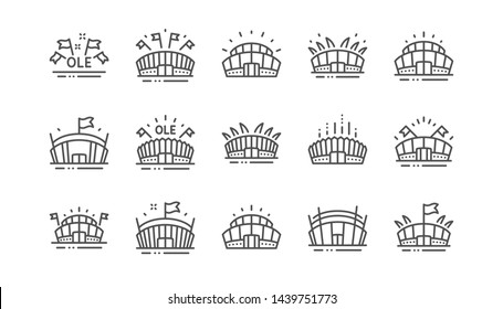 Sports stadium line icons. Ole chant, arena football, championship architecture. Arena stadium, sports competition, event flag icons. Sport complex linear set. Vector