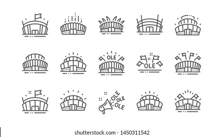 Sports stadium line icons. Ole chant, arena football, championship architecture. Arena stadium, sports competition, event flag icons. Sport complex linear set. Vector