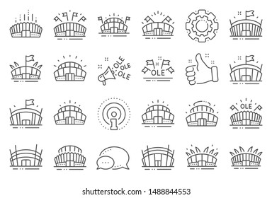 Sports stadium line icons. Ole chant, arena football, championship architecture. Arena stadium, sports competition, event flag icons. Sport complex, megaphone or loudspeaker. Line signs set. Vector