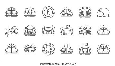 Sports stadium line icons. Ole chant, arena football, championship architecture. Arena stadium, sports competition, event flag icons. Sport complex linear set. Quality line set. Vector