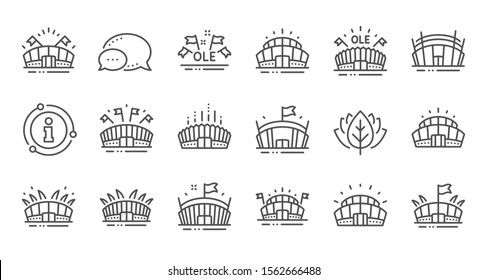 Sports stadium line icons. Ole chant, arena football, championship architecture. Arena stadium, sports competition, event flag icons. Sport complex linear set. Quality line set. Vector